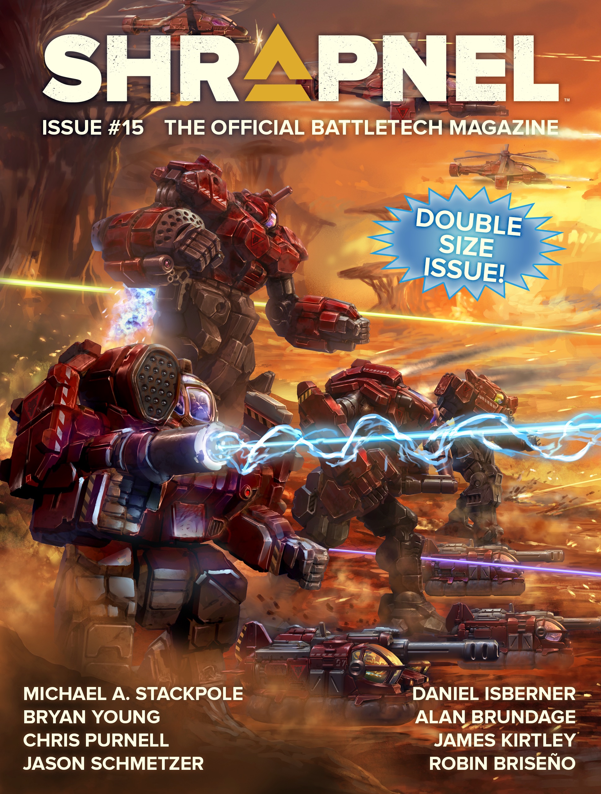 Shrapnel 15 Cover Image for December 2023. Features four Kell Hound BattleMechs and vehicles charging into battle.